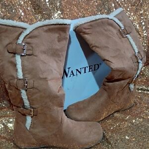 Wanted Tan Boots with White Shearling Trim and Buckles